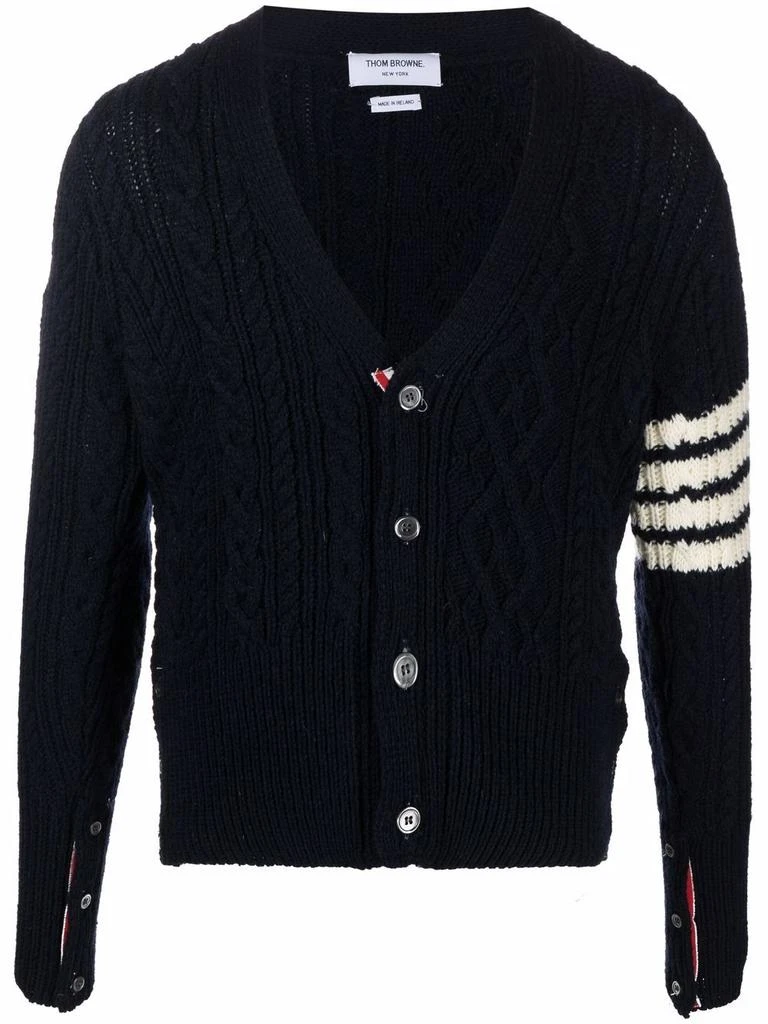 商品Thom Browne|THOM BROWNE MEN ARAN CABLE STITCH CARDIGAN W/ 4 BAR STRIPE IN DONEGAL,价格¥3877,第4张图片详细描述