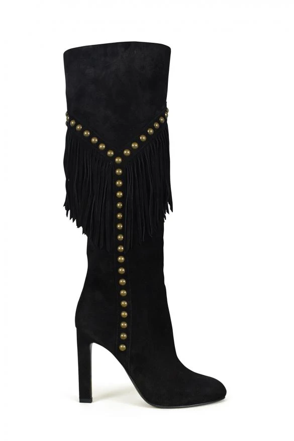商品Yves Saint Laurent|Luxury shoes for women saint laurent grace black suede boots with fringe and studs,价格¥7109,第1张图片
