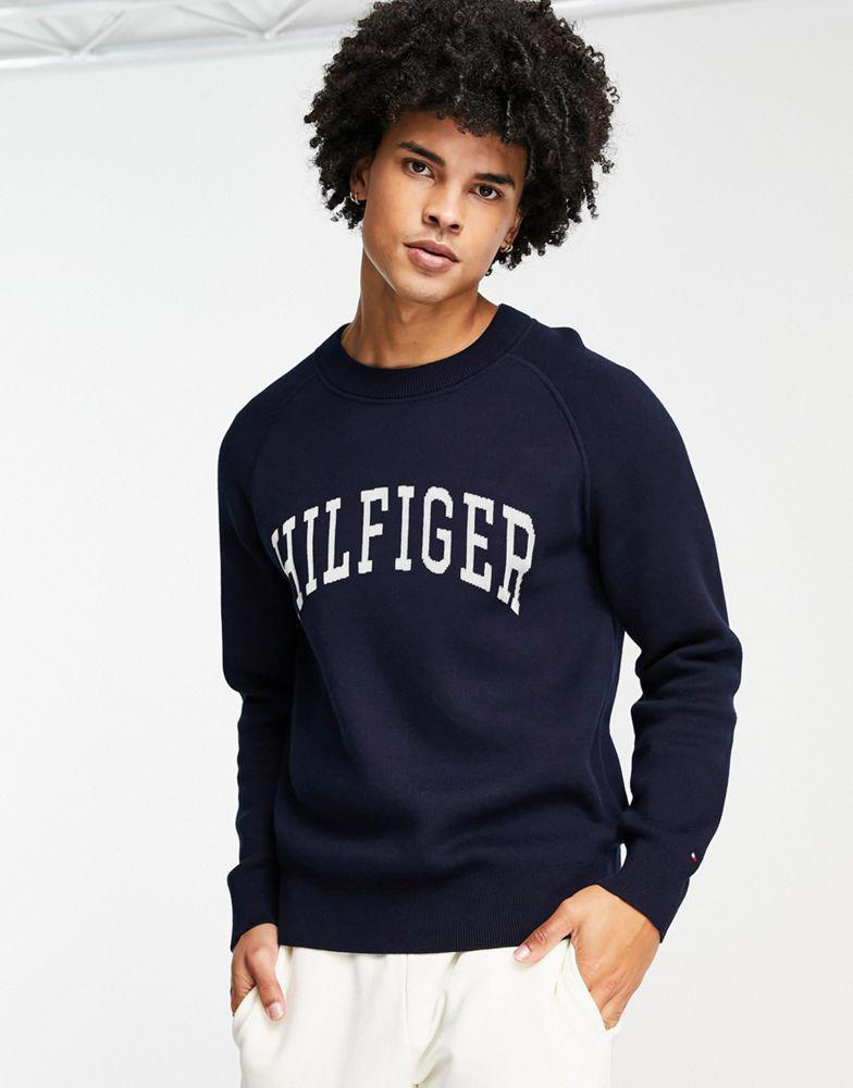 商品Tommy Hilfiger|Tommy Hilfiger cotton blend varsity applique logo knit jumper in navy,价格¥1134,第1张图片