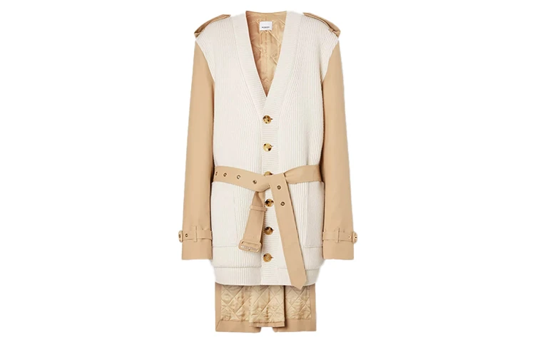 商品[国内直发] Burberry|Trench 风衣裁片罗纹针织羊毛混纺开衫羊毛衫外套 女款 柔黄褐色,价格¥5027,第1张图片