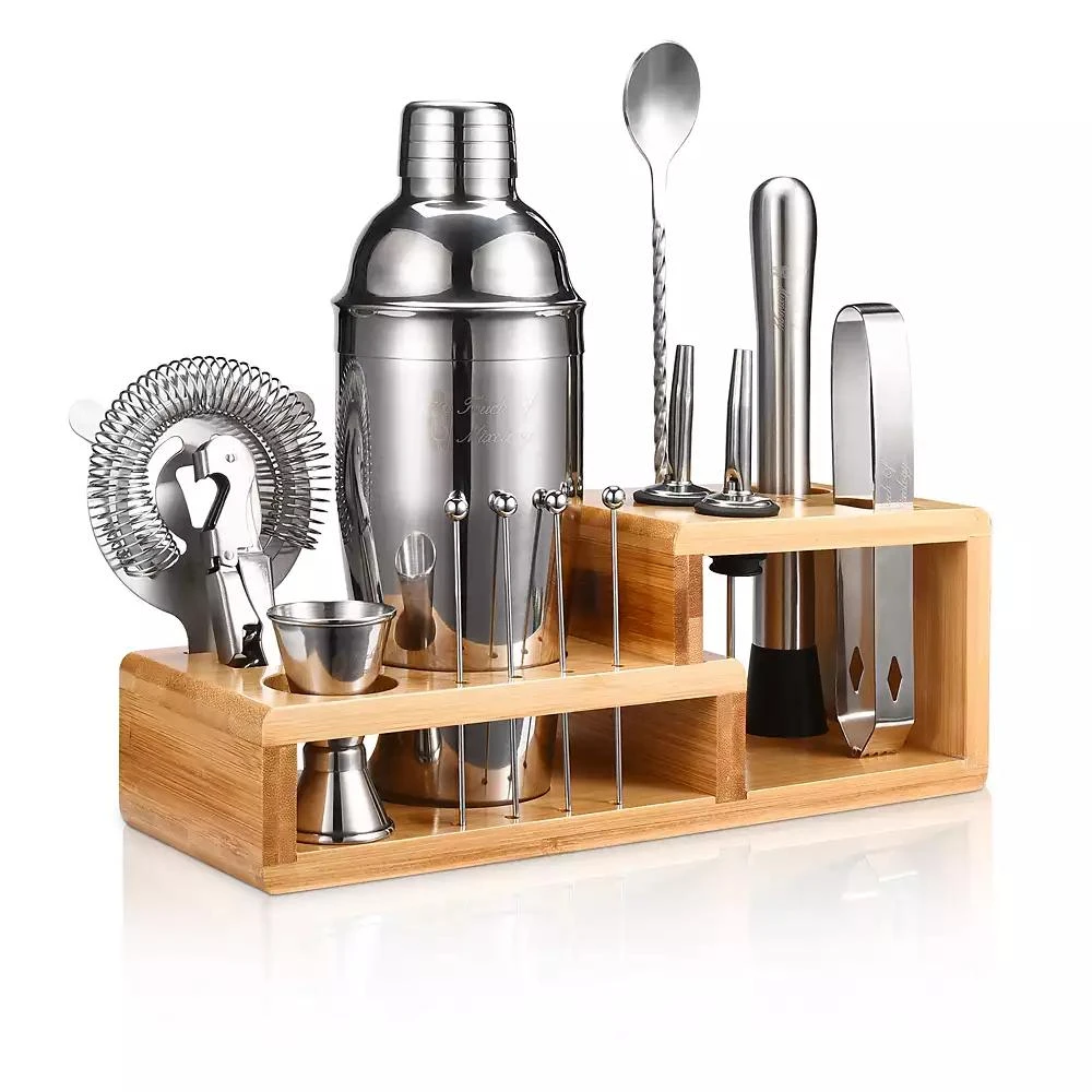 商品Touch of Mixology|Premium 14 Piece Stainless Steel Bartender Kit with Bamboo Stand,价格¥286,第1张图片