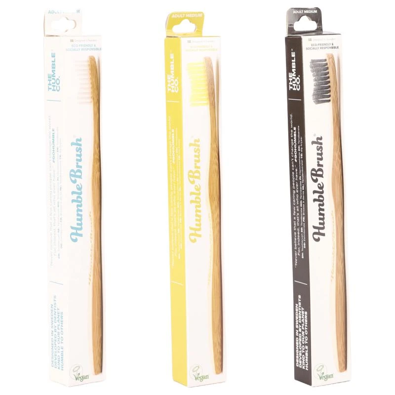 商品The Humble Co|Pack of 3 medium soft bamboo toothbrush in black white and yellow,价格¥183,第1张图片