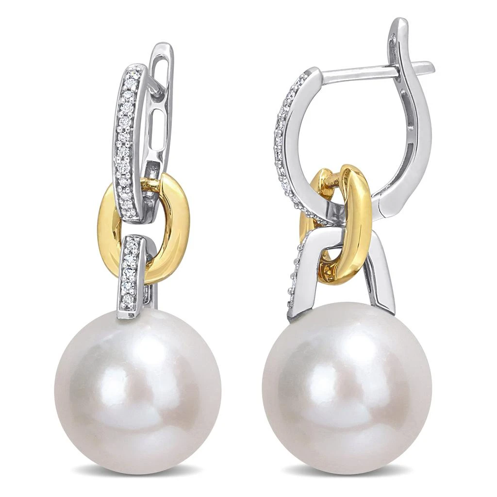 商品Mimi & Max|11-12 MM Freshwater Cultured Pearl & 1/10 CT TW Diamond Huggie Earrings in 2-Tone 14k Yellow and White Gold,价格¥2938,第1张图片