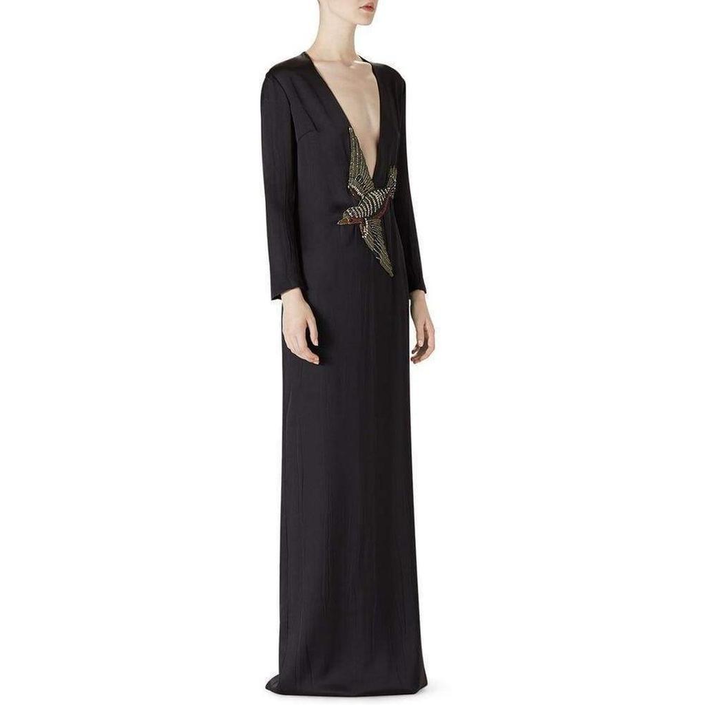 商品Gucci|Runway Crystal Bird Embellished Black Silk Gown,价格¥15155,第7张图片详细描述