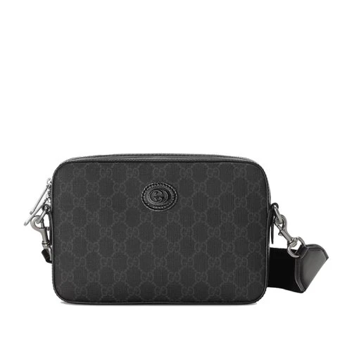 商品Gucci|GUCCI/古驰 22春夏新款 男士黑色老花帆布同色系皮革滚边椭圆形双G装饰拉链开合单肩斜挎手拿包70346892THF1000,价格¥12149,第1张图片