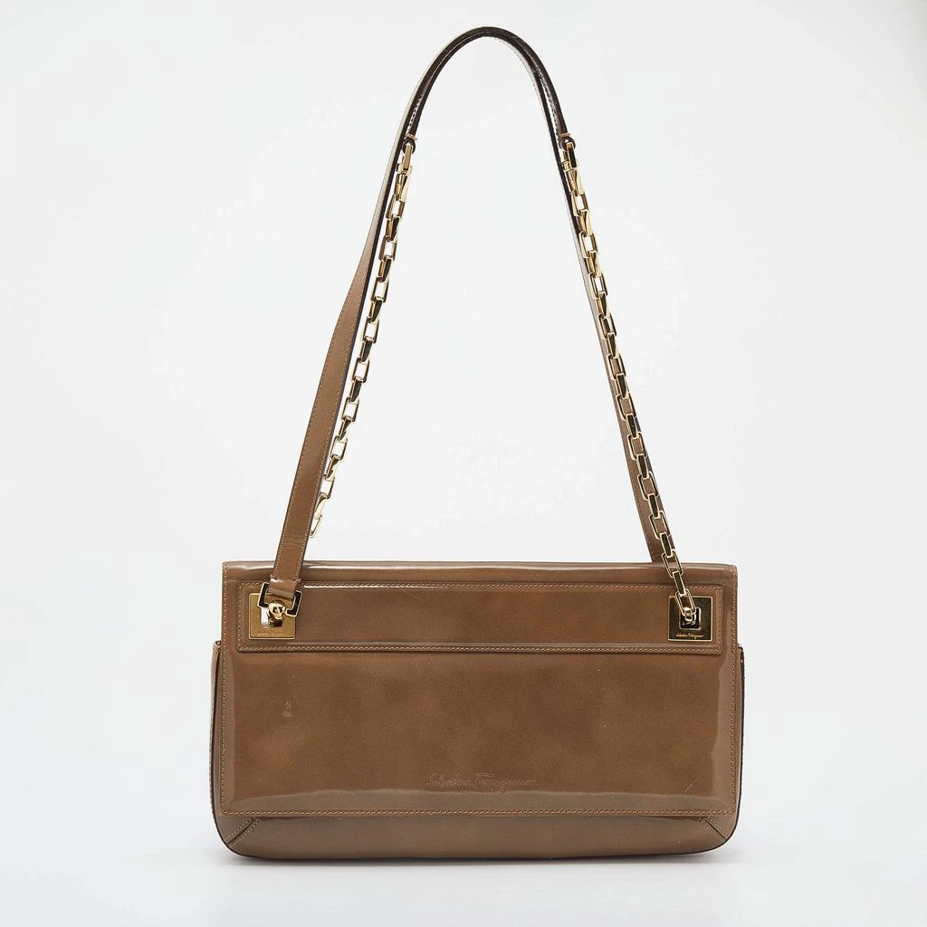 商品[二手商品] Salvatore Ferragamo|Salvatore Ferragamo Dark Beige Patent Leather Link Chain Shoulder Bag,价格¥1291,第4张图片详细描述