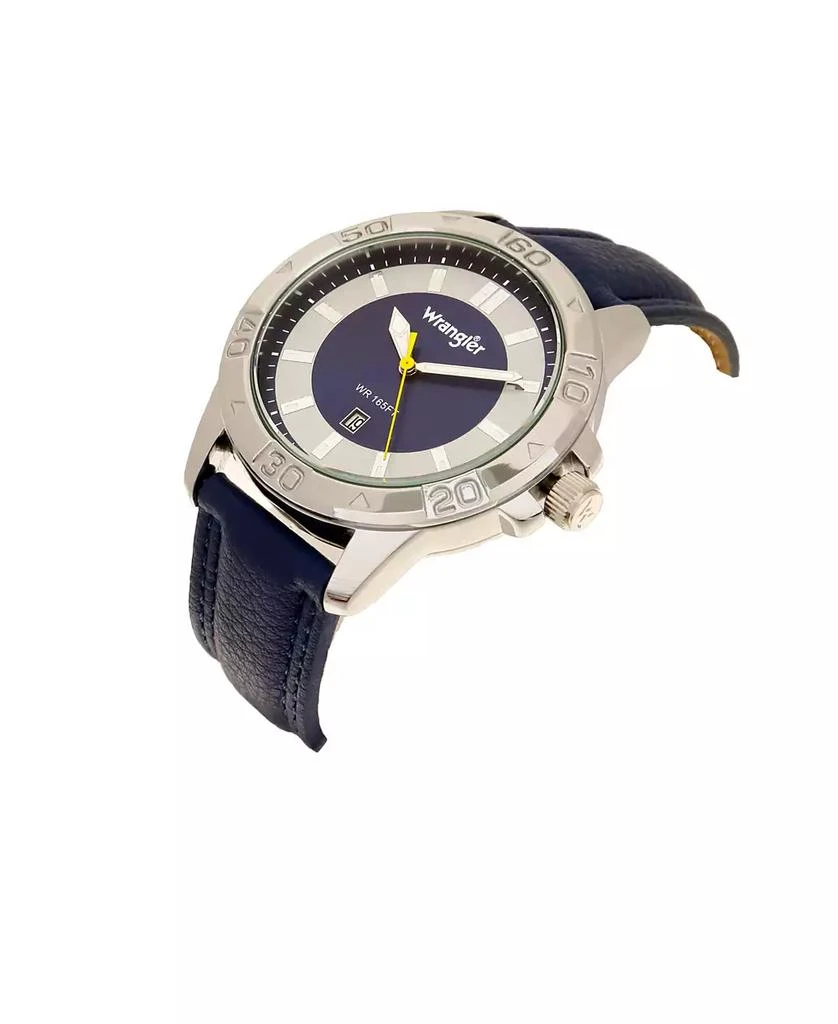 商品Wrangler|Men's Watch, 46MM Silver Colored Case with Embossed Arabic Numerals on Bezel, Blue Sunray Dial, Silver Index Markers, Analog, Blue Strap,价格¥425,第2张图片详细描述