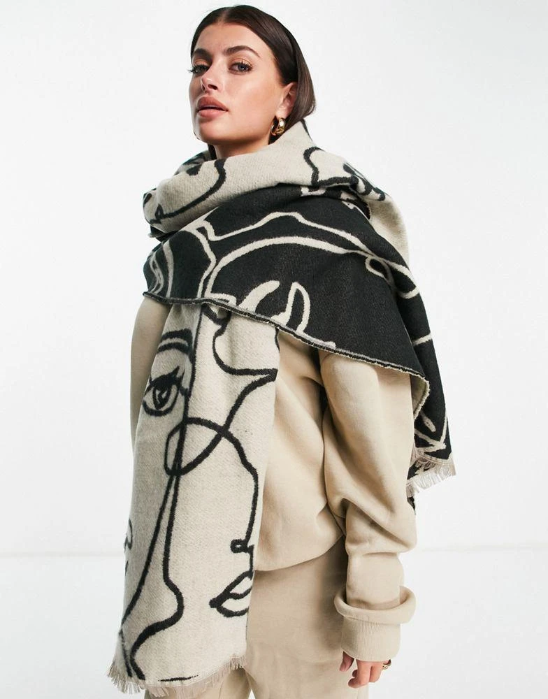 商品ASOS|ASOS DESIGN abstract face jacquard woven scarf in stone and black,价格¥186,第3张图片详细描述