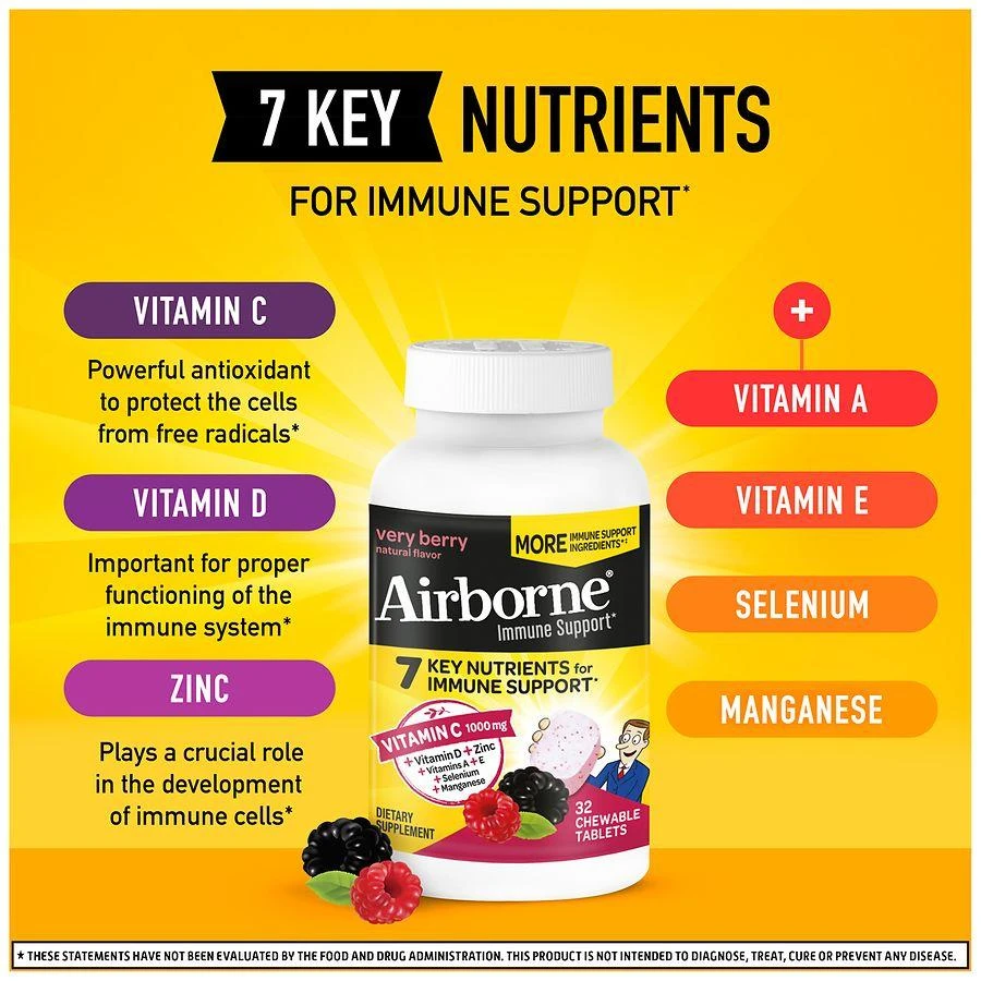 商品Airborne|Immune Support Chewable Tablets Minerals & Herbs with Vitamin C, E, Zinc Very Berry,价格¥85,第2张图片详细描述