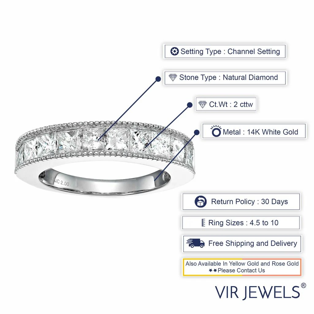 2 cttw Princess Cut Diamond Wedding Band with Milgrain 14K White or Yellow Gold 商品