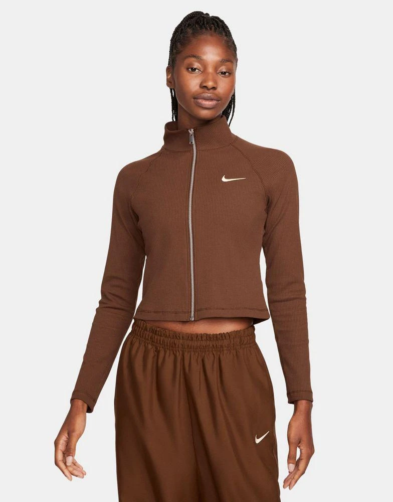 商品NIKE|Nike trend ribbed zip up top in cacao brown,价格¥217,第1张图片