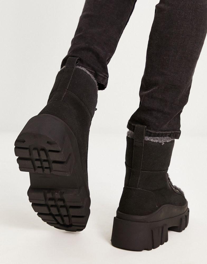 ASOS DESIGN chunky lace up boot in black faux suede with faux borg lining商品第2张图片规格展示