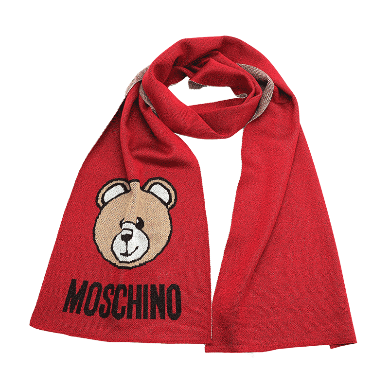 MOSCHINO/莫斯奇诺 女士 红色拼燕麦色 金银丝线小熊头像款围巾30666M2345 007商品第1张图片规格展示