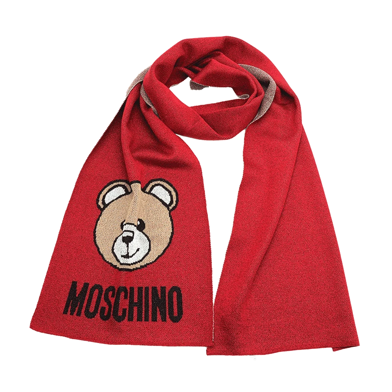 商品[国内直发] Moschino|MOSCHINO/莫斯奇诺 女士 红色拼燕麦色 金银丝线小熊头像款围巾30666M2345 007,价格¥534,第1张图片