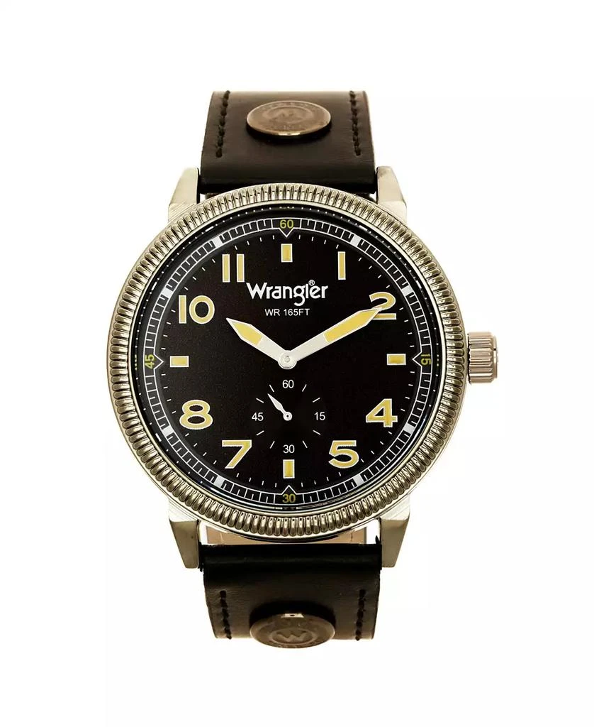 商品Wrangler|Men's Watch, 48.5MM IP Gun Metal Case with Milled Bezel, Grey Sand Satin Dial with White Arabic Numerals, Grey Strap with Logo Rivet and White Accent Stitching,价格¥579,第1张图片