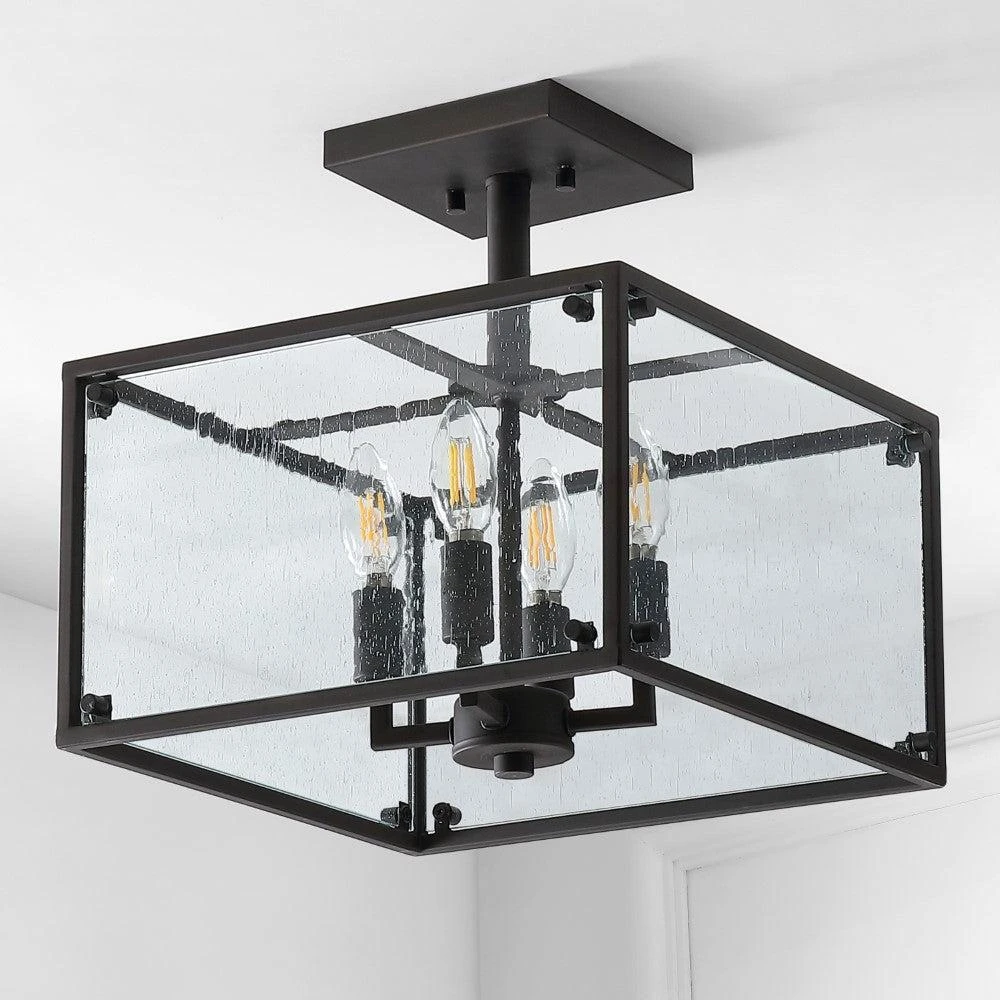 商品JONATHAN Y|Paysan 13" 4-Light Iron/Seeded Glass Rustic Farmhouse LED Flush Mount,价格¥1169,第4张图片详细描述