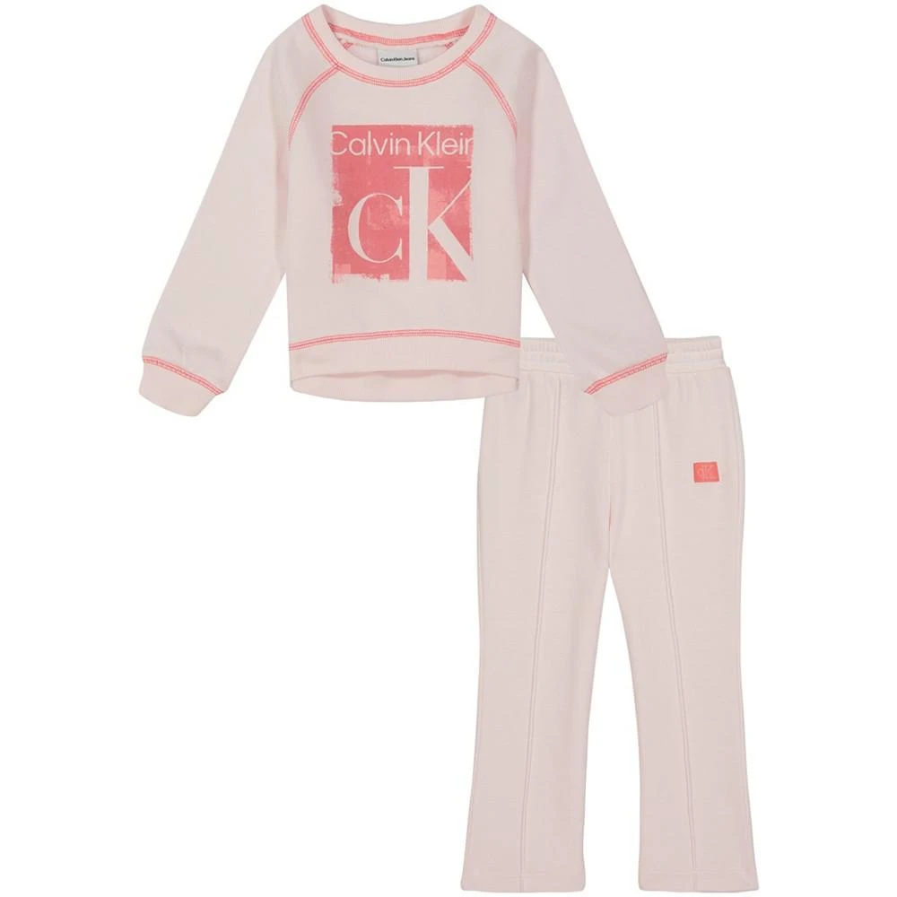 商品Calvin Klein|Baby Girls Flocked Logo Fleece Crewneck Top and Flare Leg Pants, 2 Piece Set,价格¥166,第1张图片
