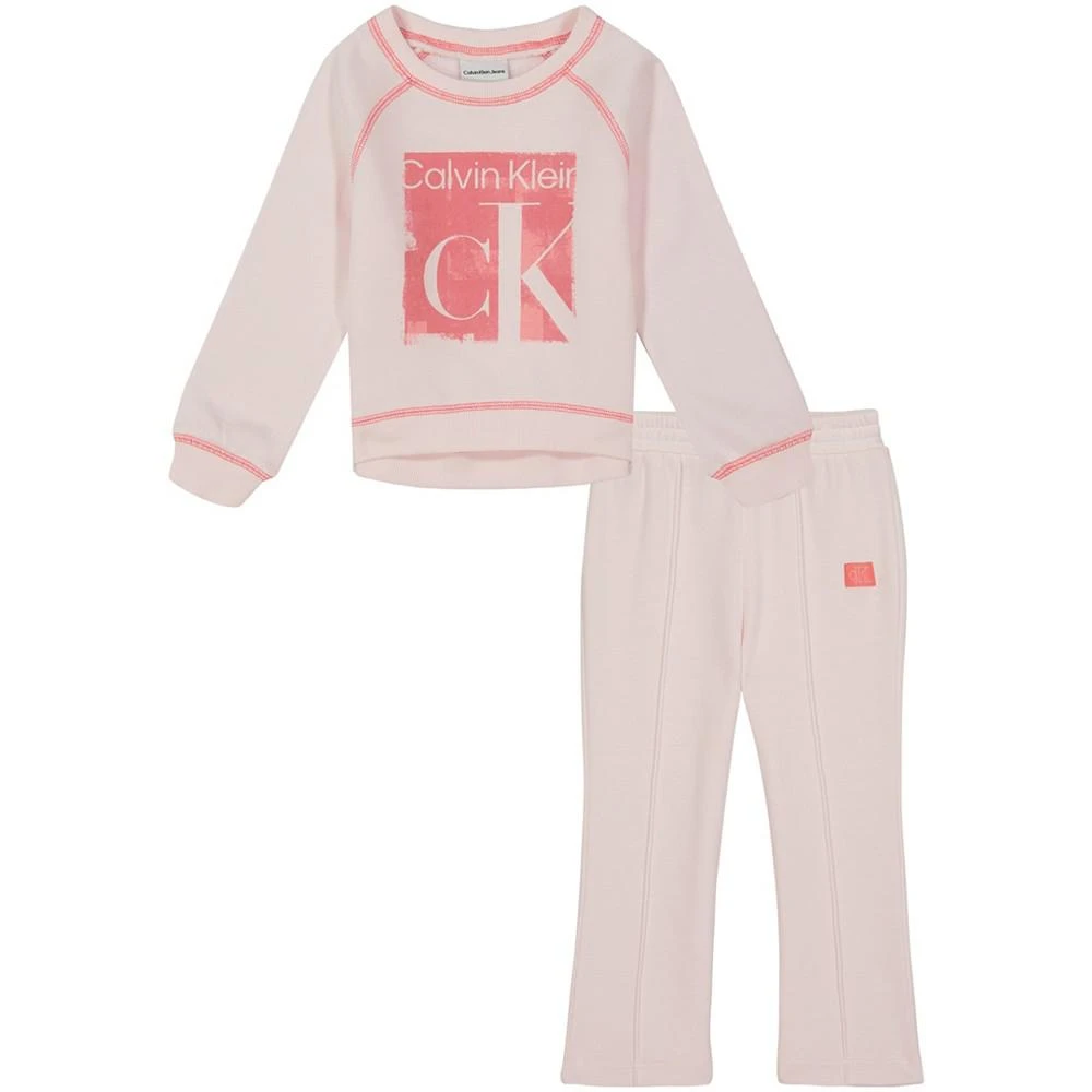 商品Calvin Klein|Little Girls Flocked Logo Fleece Crewneck Top and Flare Leg Pants, 2 Piece Set,价格¥178,第1张图片