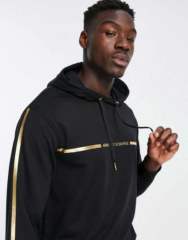 Armani Exchange metallic detail hoodie in black & gold商品第3张图片规格展示