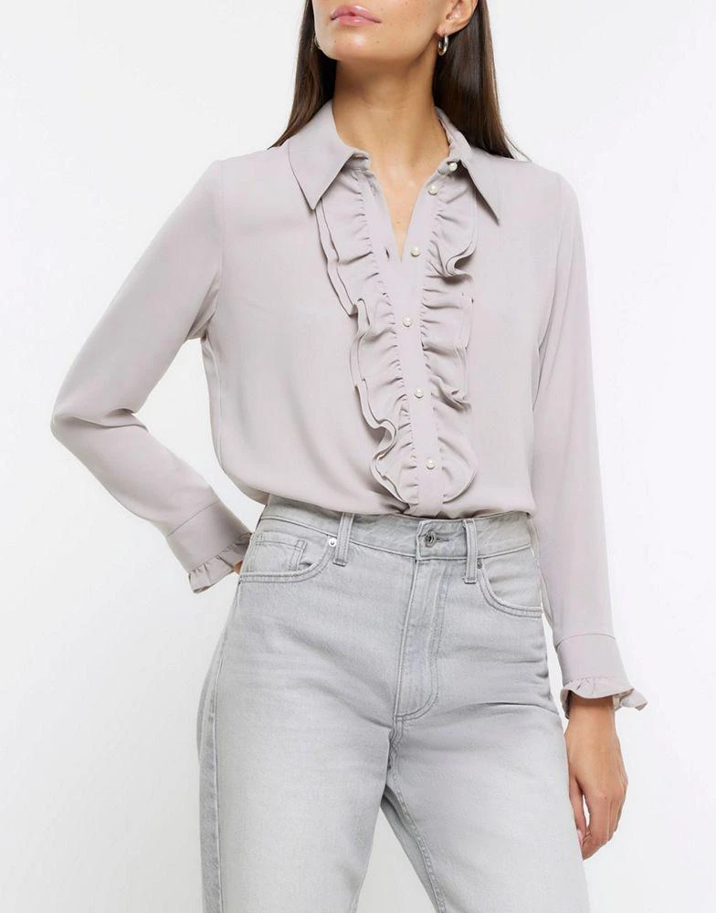 商品River Island|River Island Frill long sleeve shirt in grey - light,价格¥340,第1张图片