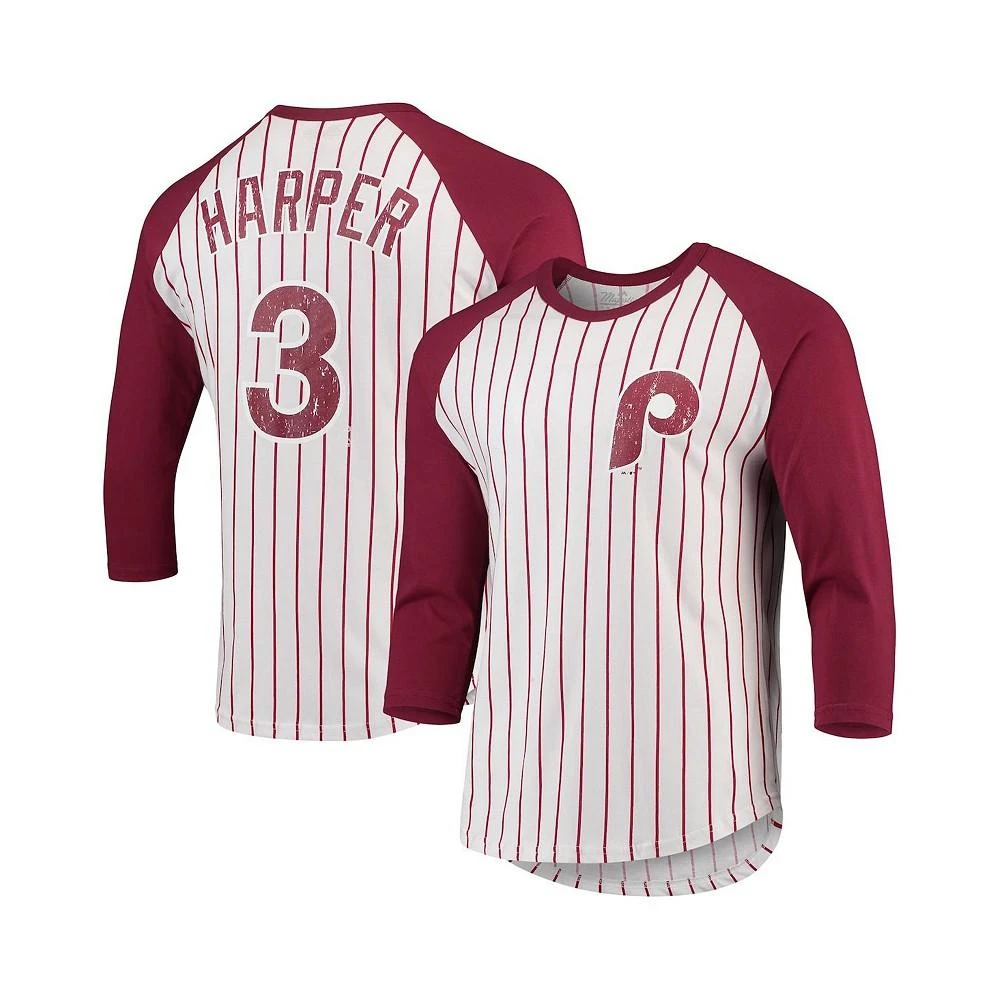 商品Majestic|Men's Bryce Harper White, Burgundy Philadelphia Phillies Softhand Cotton Pinstripe 3/4 Sleeve Raglan T-shirt,价格¥320,第1张图片