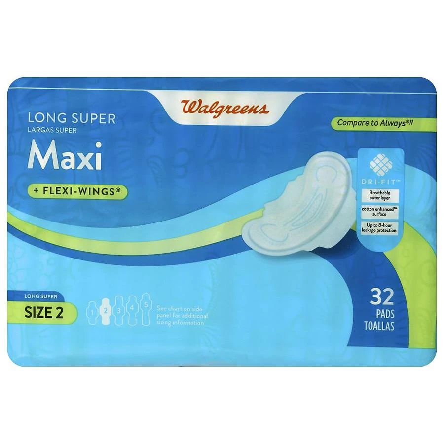 商品Walgreens|Maxi Pads, Long Super, With Flexi-Wings Size 2 (ct. 32),价格¥41,第1张图片