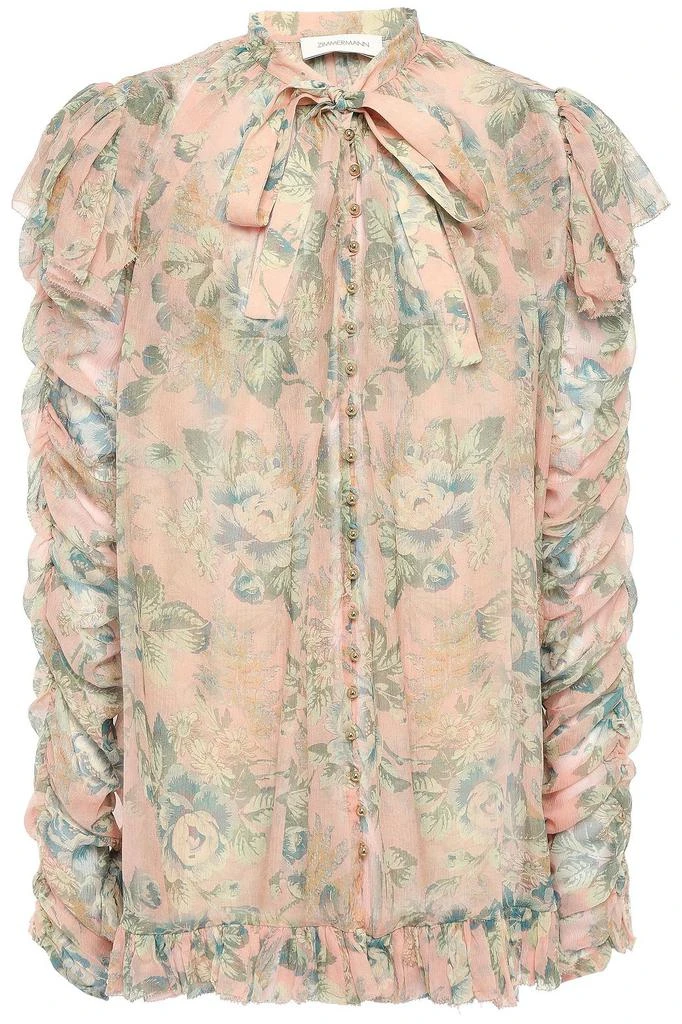 商品Zimmermann|Pussy-bow ruched floral-print silk-georgette blouse,价格¥1268,第1张图片