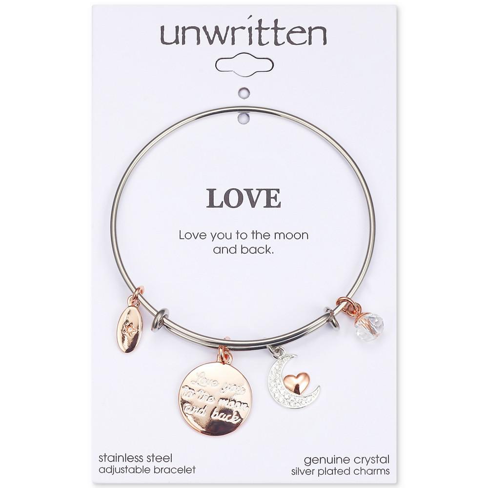 "Love You to the Moon" Multi-Charm Adjustable Bangle Bracelet in Stainless Steel with Silver Plated Charms商品第2张图片规格展示