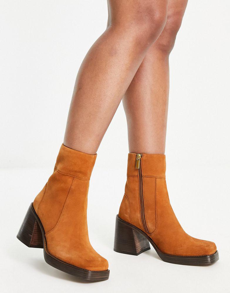 ASOS DESIGN Wide Fit Region suede mid-heel boots in tan商品第4张图片规格展示