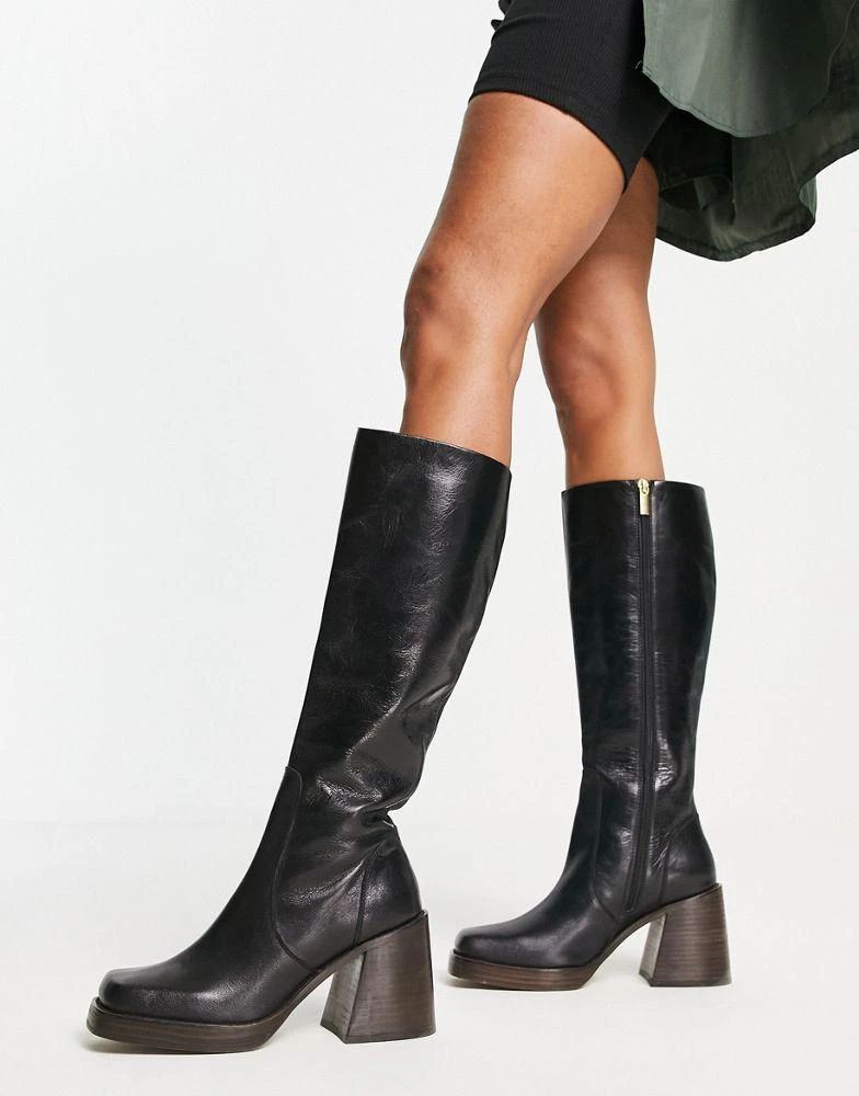 商品ASOS|ASOS DESIGN Cracking leather mid-heel knee boots in black,价格¥466,第4张图片详细描述