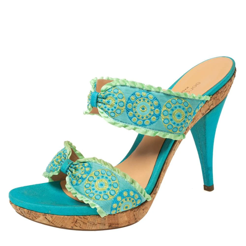 商品[二手商品] Sergio Rossi|Sergio Rossi Blue/Green Embroidered Fabric and Pleated Trim Double Bow Slide Sandals Size 41 ,价格¥2732,第1张图片