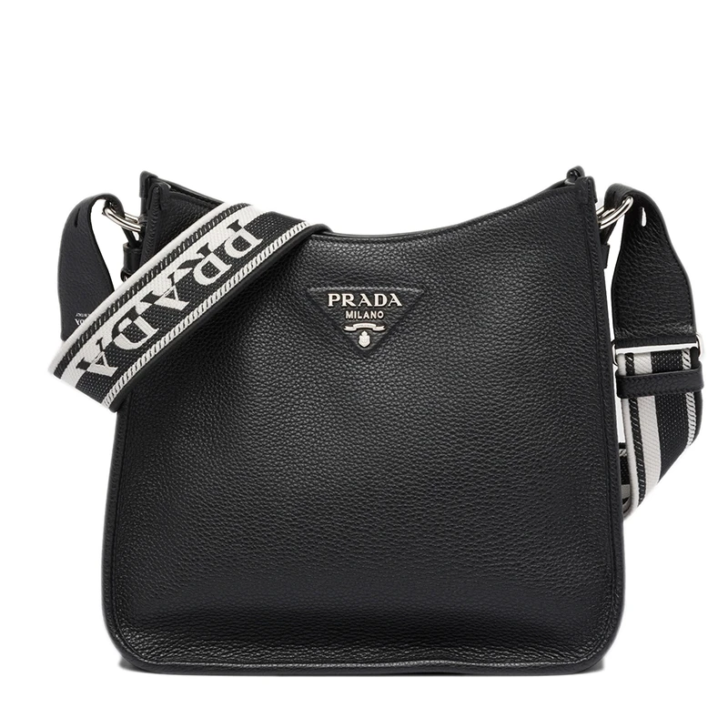 商品Prada|PRADA/普拉达 22春夏新款hobo系列 女士黑色皮革银扣徽标压印配织物皮革肩带磁吸开合单肩斜挎hobo流浪包1BC073_2DKV_F0002_V_3OO,价格¥19417,第1张图片