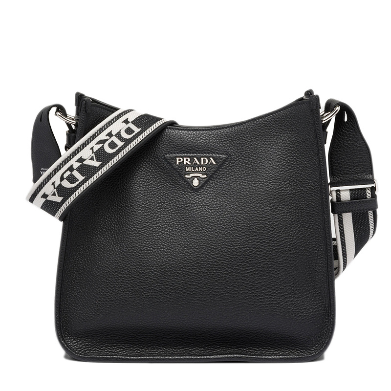 商品Prada|PRADA/普拉达 22春夏新款hobo系列 女士黑色皮革银扣徽标压印配织物皮革肩带磁吸开合单肩斜挎hobo流浪包1BC073_2DKV_F0002_V_3OO,价格¥16751,第1张图片