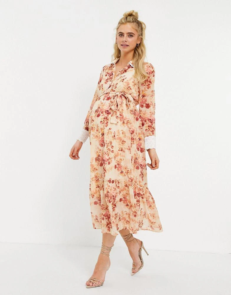 商品Hope & Ivy Maternity|Hope & Ivy Maternity collared shirt dress with wrap tie and drop hem in blush floral,价格¥489,第4张图片详细描述