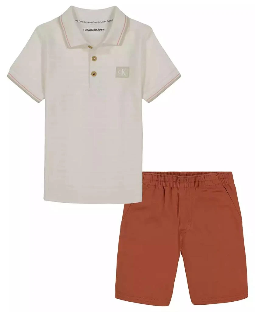 商品Calvin Klein|Little Boys Herringbone Short Sleeve Polo Shirt and Twill Shorts, 2 Piece Set,价格¥134,第1张图片