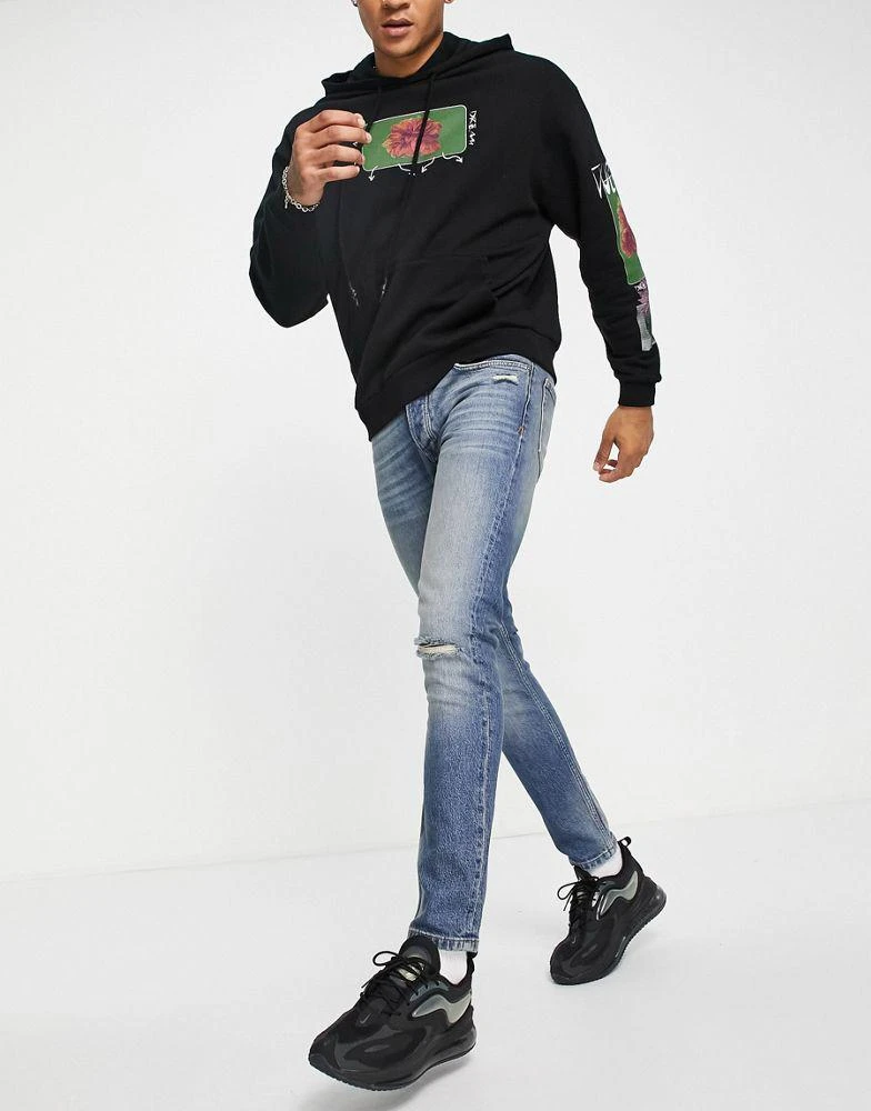 商品Topman|Topman stretch skinny rip jeans in mid wash blue,价格¥115,第2张图片详细描述