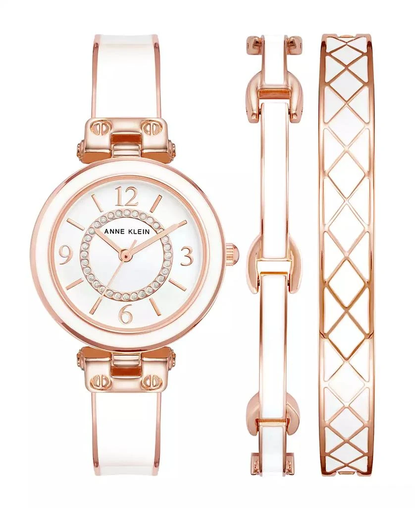 商品Anne Klein|Women's Rose Gold-Tone Alloy Bangle with White Enamel and Crystal Accents Fashion Watch 33mm Set 3 Pieces,价格¥1136,第1张图片