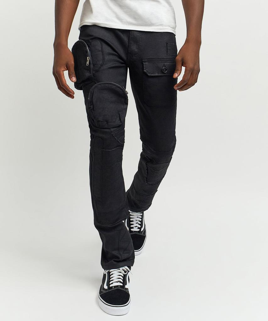 商品Reason Clothing|Sylvester Multi Pocket Utilty Waxed Cotton Embroidered Denim Jeans - Black,价格¥511,第5张图片详细描述