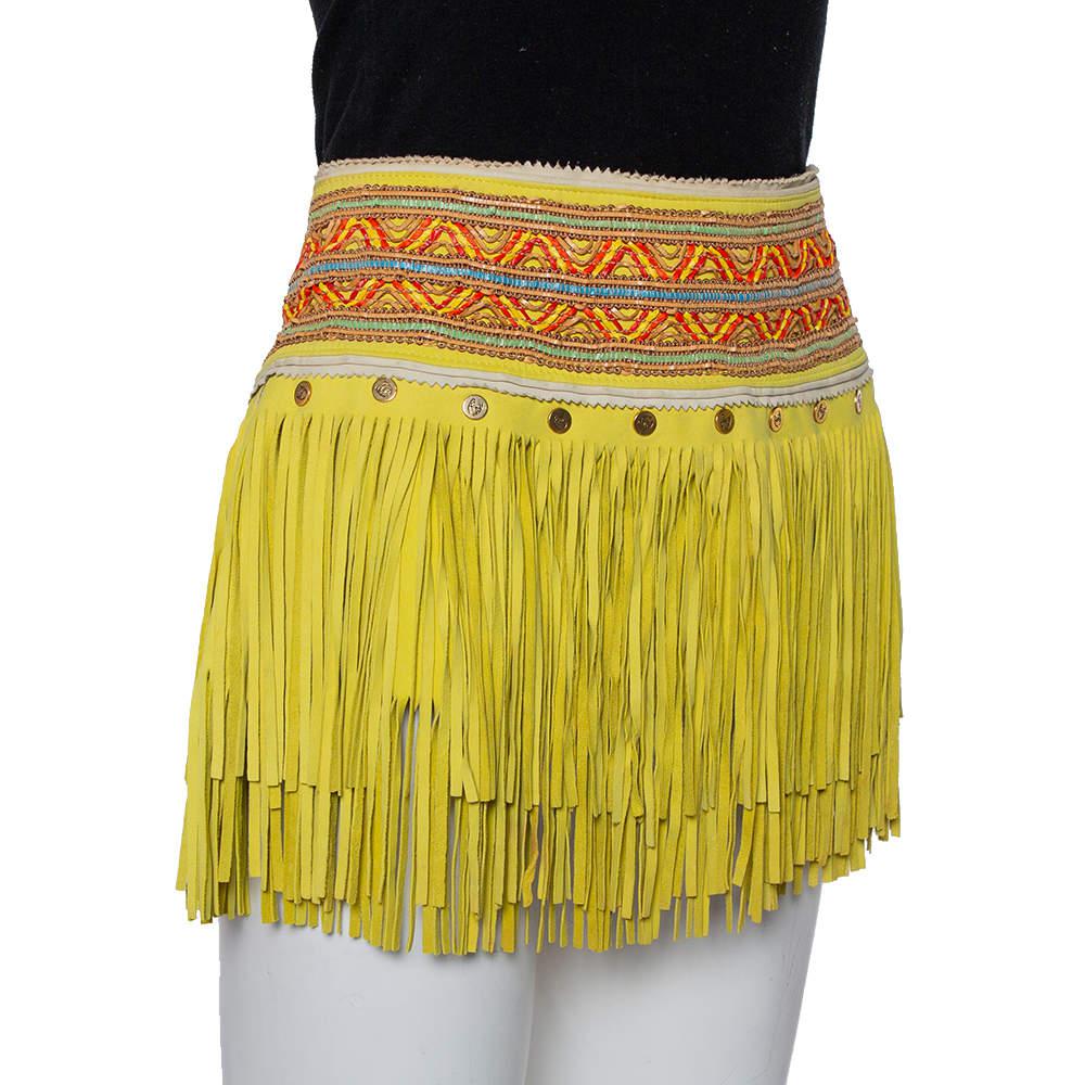 Just Cavalli Neon Yellow Leather Fringed Tribal Mini Skirt M商品第2张图片规格展示