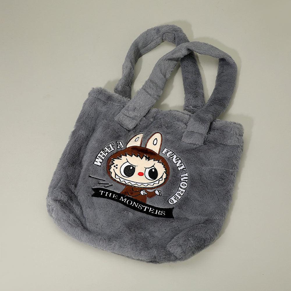 Monster Bunny Character Embroidered Faux Fur Plush Tote Bag image 2