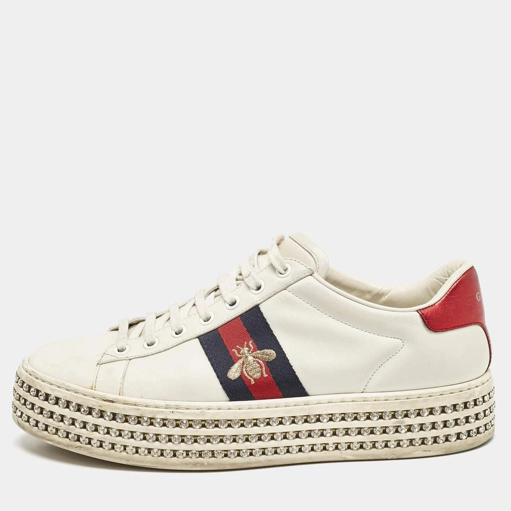 商品[二手商品] Gucci|Gucci White Leather Embroidered Bee Crystal Embellished Platform New Ace Sneakers Size 39.5,价格¥3840,第1张图片