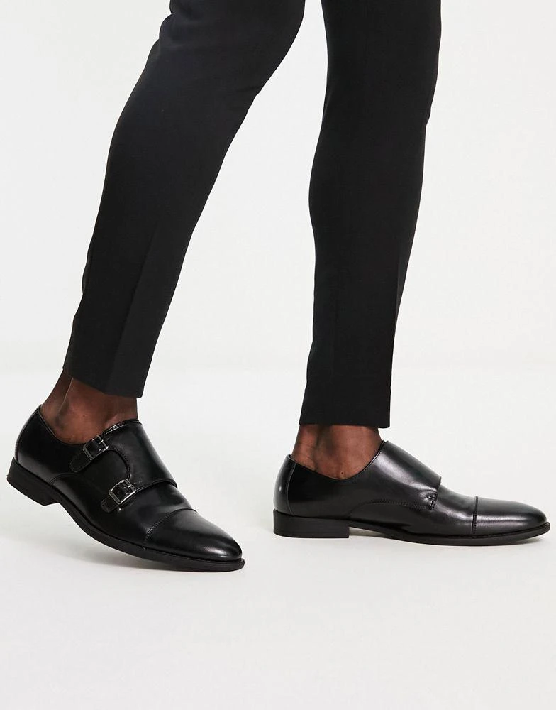 商品ASOS|ASOS DESIGN monk shoes in black faux leather with emboss panel,价格¥266,第2张图片详细描述