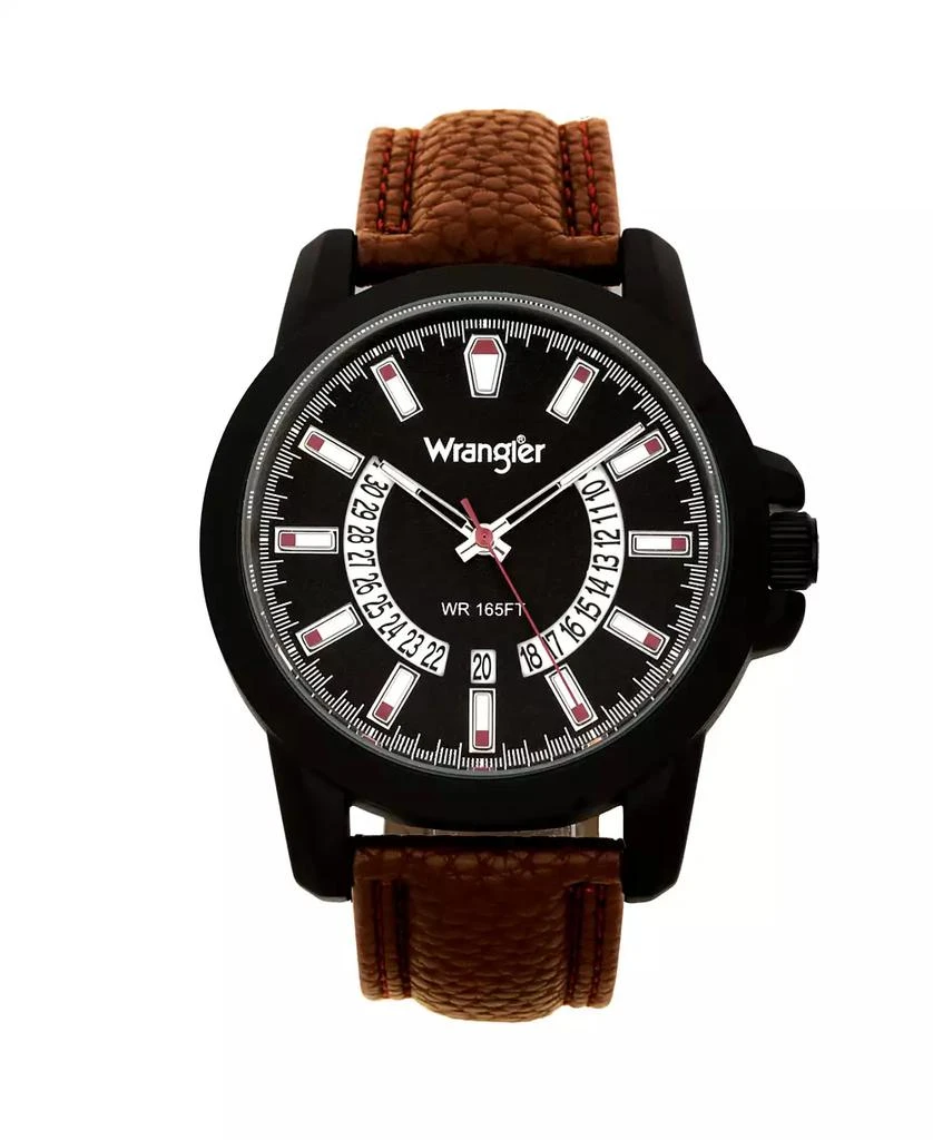 商品Wrangler|Men's Watch, 46MM IP Black Sandblasted Case and Bezel, Black Dial, White and Beige Index Markers, Dual Crescent Cutouts For Date Function, Analog Watch with Beige Second Hand, Brown Strap,价格¥463,第1张图片