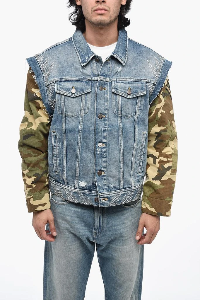 商品Celine|Distressed Denim Jacket with Camo Printed Sleeves,价格¥20645,第1张图片