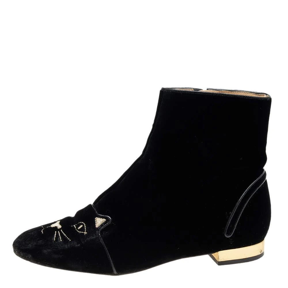 商品[二手商品] Charlotte Olympia|Charlotte Olympia Black Velvet Cat Embroidered Ankle Boots Size 39,价格¥890,第2张图片详细描述