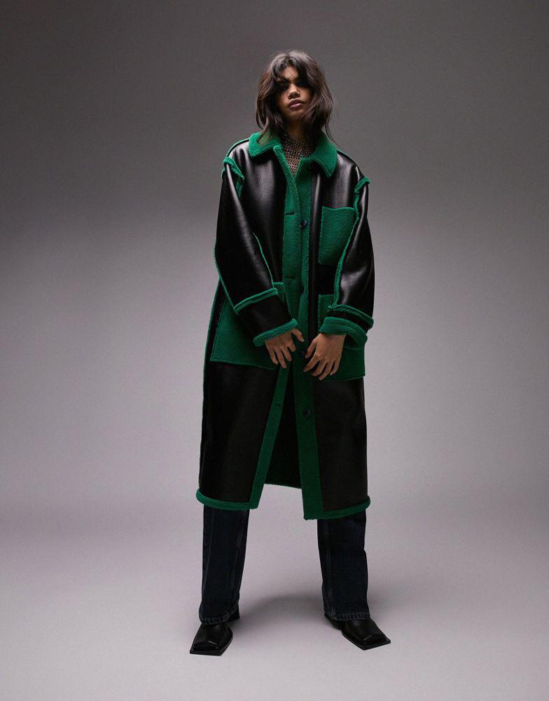 Topshop reversible oversized bonded borg coat in black and green商品第4张图片规格展示