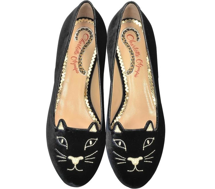 商品Charlotte Olympia|Charlotte Olympia Black Velvet Kitty 黑丝绒猫咪平底鞋,价格¥3201,第4张图片详细描述