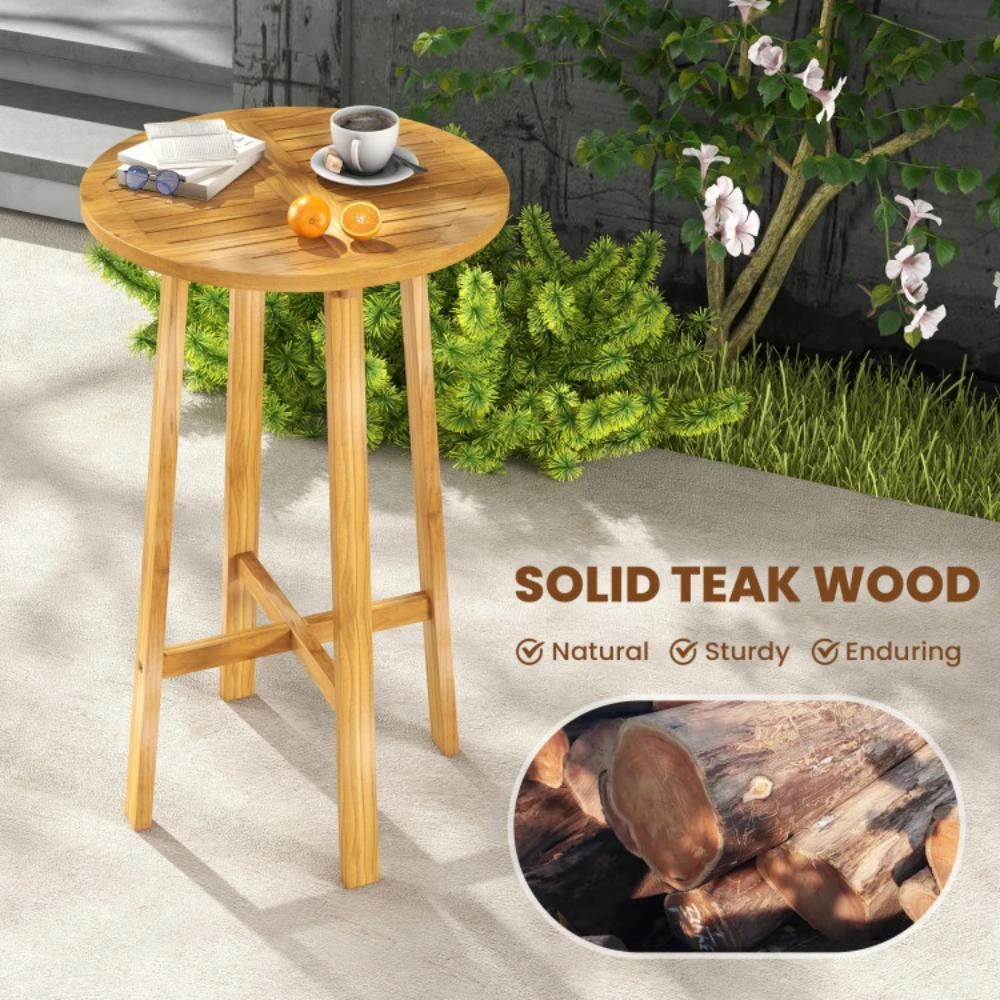 商品Hivvago|24 InchTeak Wood Round Bar Table with Footrest for Indoors Outdoors,价格¥1273,第3张图片详细描述