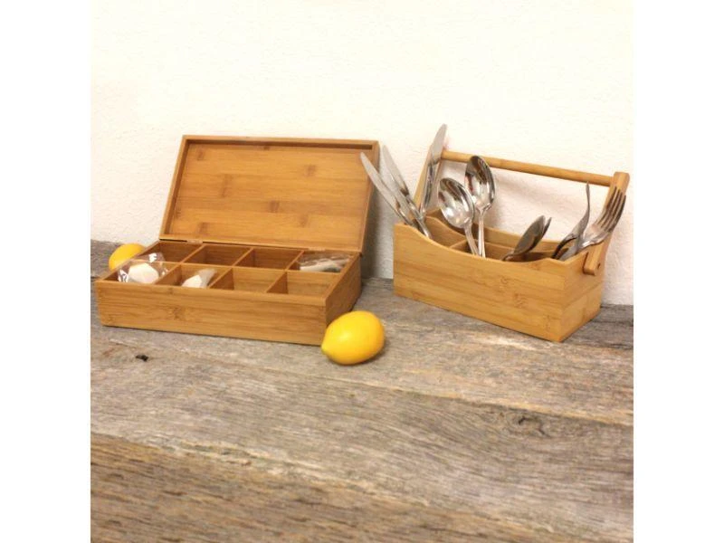 Bamboo Tea Box Set 2pc (Flatware Caddy 9.75" & Tea Box 12") 商品