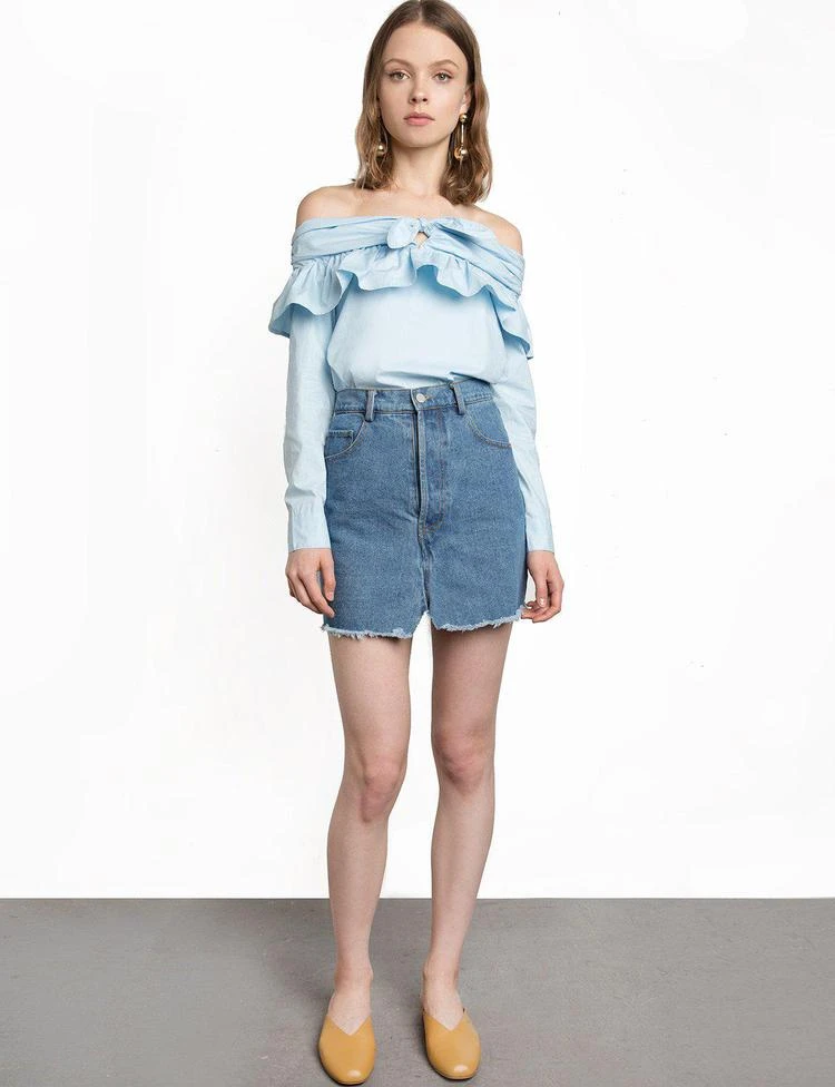 商品Pixie Market|Blue Off The Shoulder Tie Knot Top,价格¥303,第1张图片